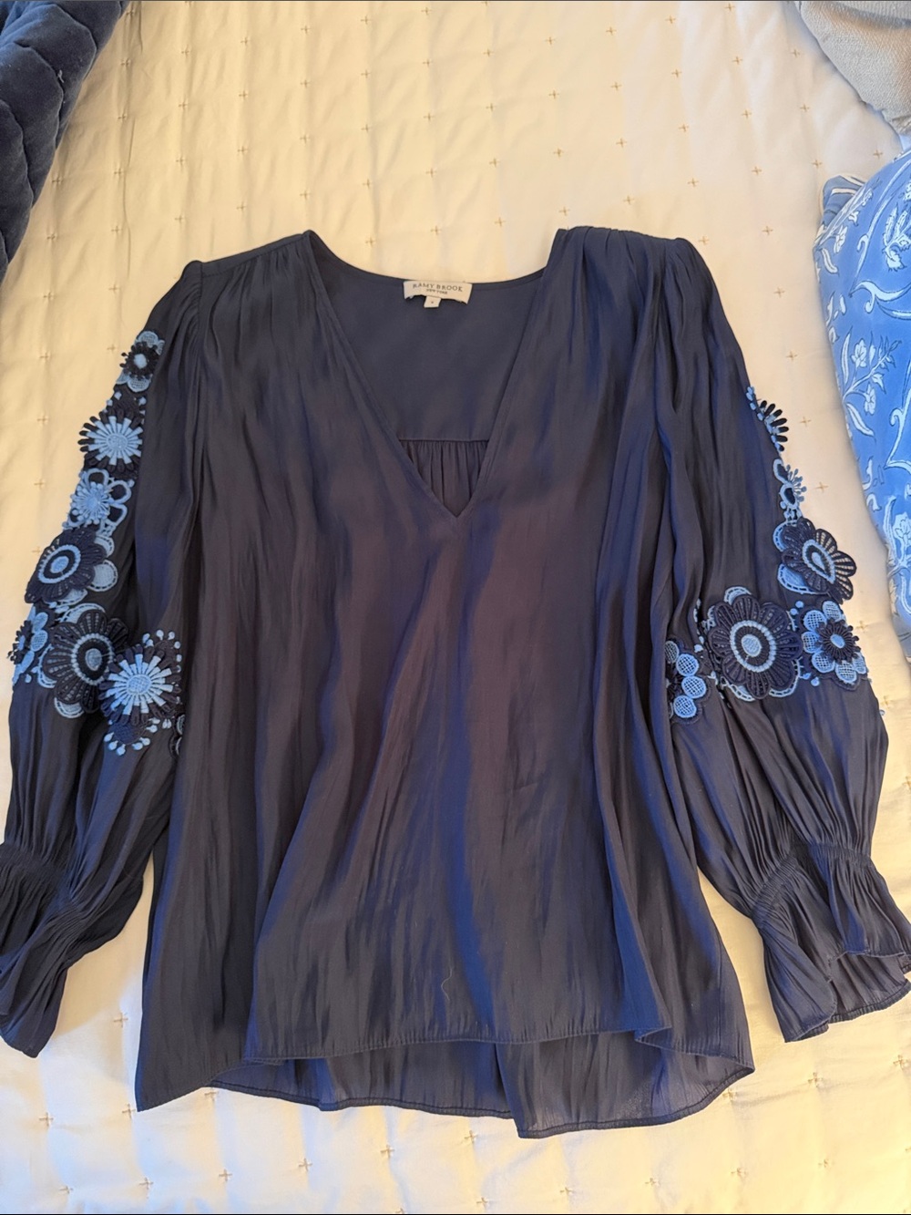 Ramy Brook Navy Blouse with Light Blue Floral Sleeve Embroidery